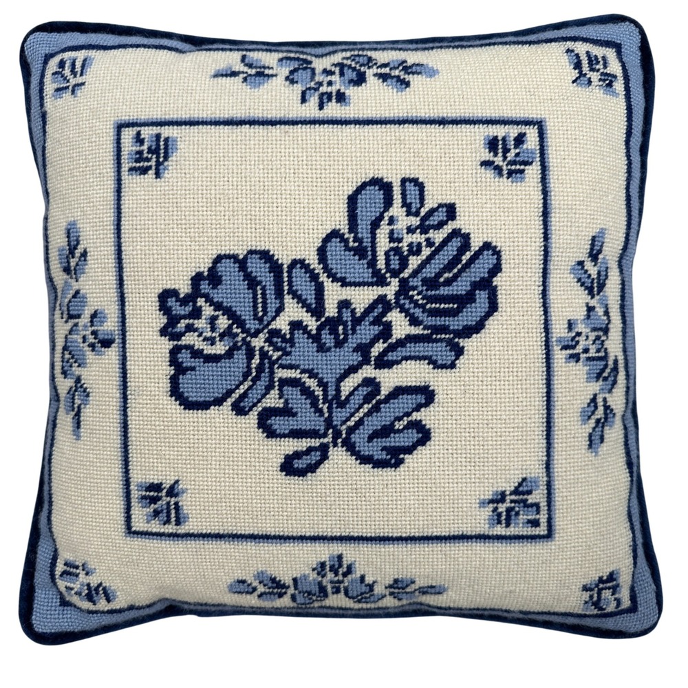 Vintage Blue Floral Needlepoint Throw Pillow‎ Velvet Back 13x13 Square Cushion